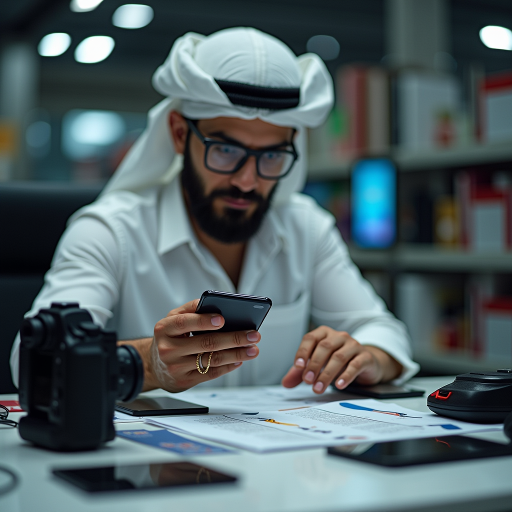 Person examining a smartphone in a Dubai electronics market, checking device condition and authenticity with various testing tools and documentation visible on a table