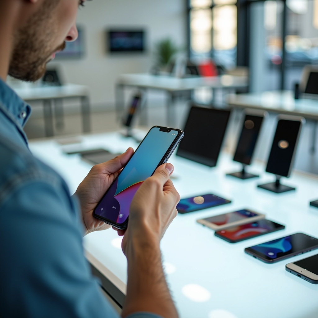 Person carefully inspecting a smartphone screen in a bright, modern electronics store in Dubai, with multiple second-hand devices arranged on white display tables, natural lighting highlighting device details