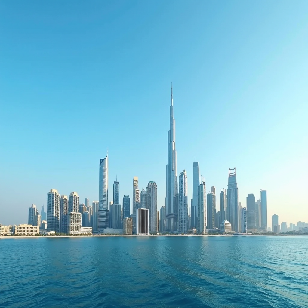 Panoramic view of Dubai's modern skyline featuring contemporary residential towers and apartment buildings against a clear blue sky, showcasing the city's vibrant rental market