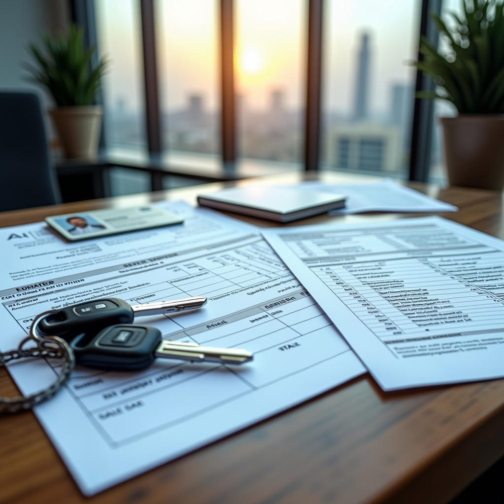 Professional overhead view of car sale documentation spread on a desk including UAE vehicle registration card, Emirates ID, sale agreement forms, RTA transfer documents, and a set of car keys on a wooden surface with Dubai skyline visible through window in background