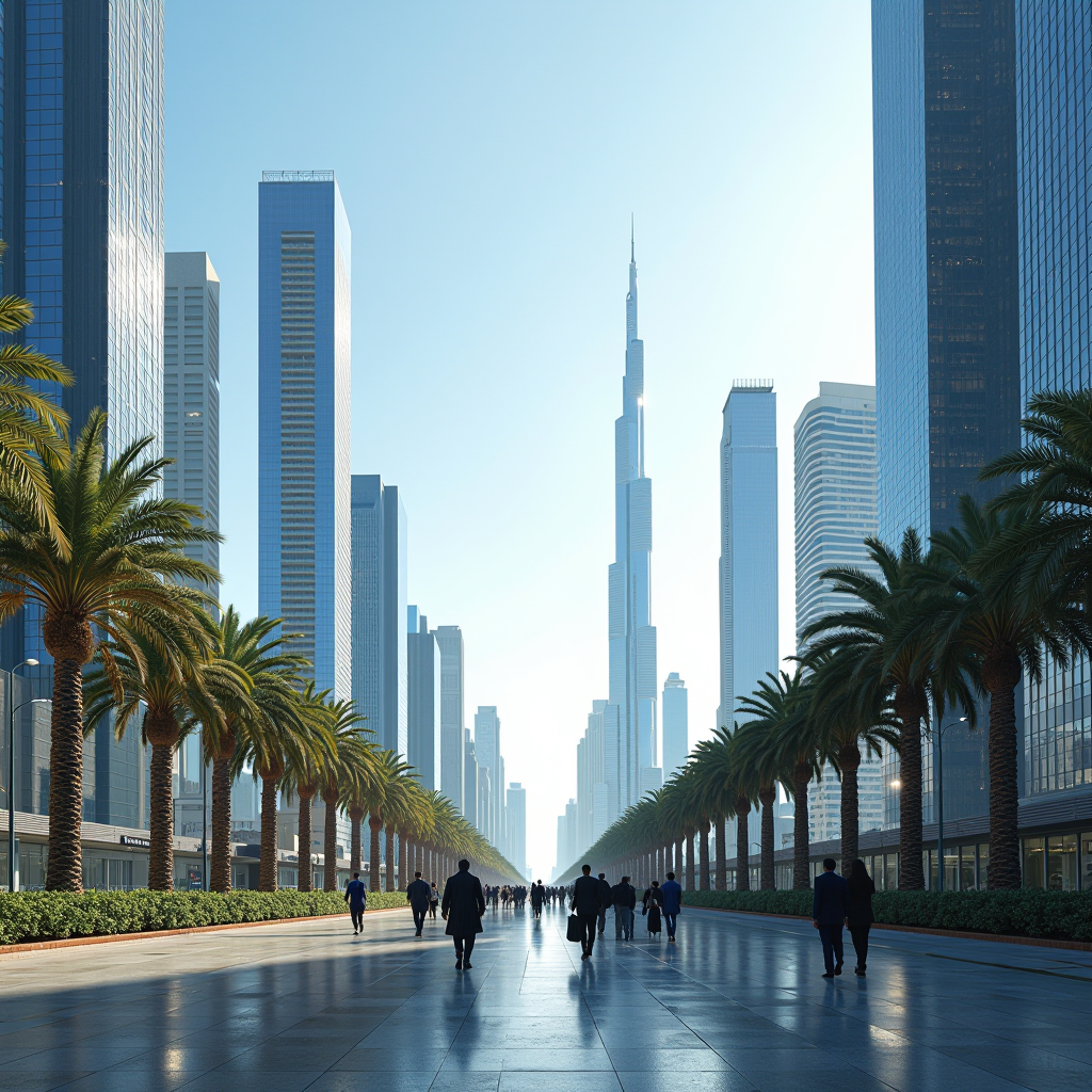 Panoramic view of Dubai's modern business district with gleaming skyscrapers, bustling professionals in business attire walking along wide boulevards, palm trees lining the streets, and the iconic Burj Khalifa visible in the background under clear blue skies