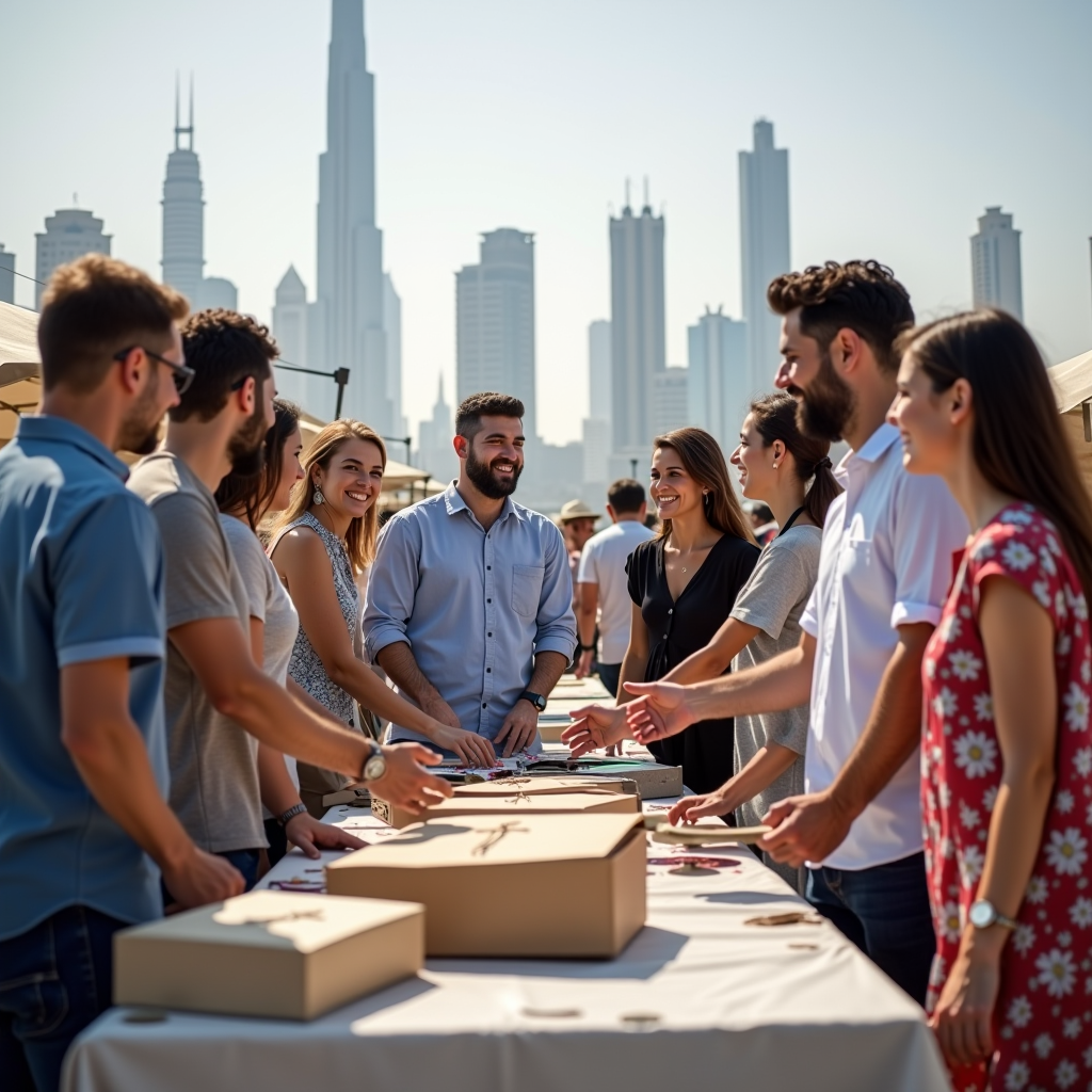 Diverse group of Dubai residents exchanging furniture and household items at a community marketplace, with the Dubai skyline visible in the background, showing people of different nationalities smiling and interacting while browsing second-hand goods