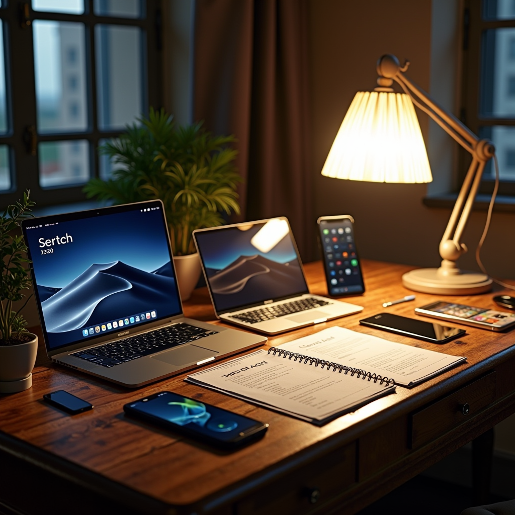 Comprehensive guide showing various second-hand electronics including smartphones, laptops, and tablets displayed on a vintage wooden desk with inspection tools and authenticity verification documents in Dubai setting