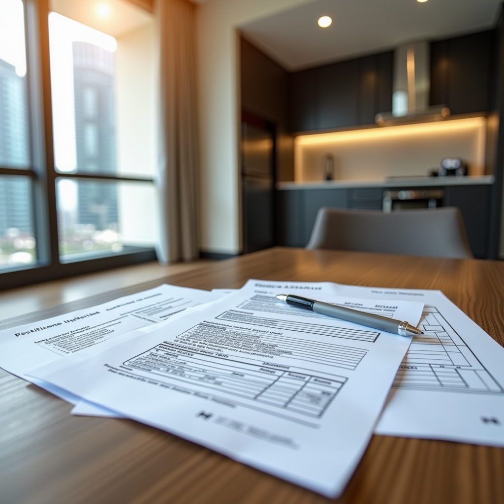 Modern Dubai apartment interior with rental documents, RERA certificate, and DEWA connection papers spread on a table, showing a newcomer reviewing lease agreement details