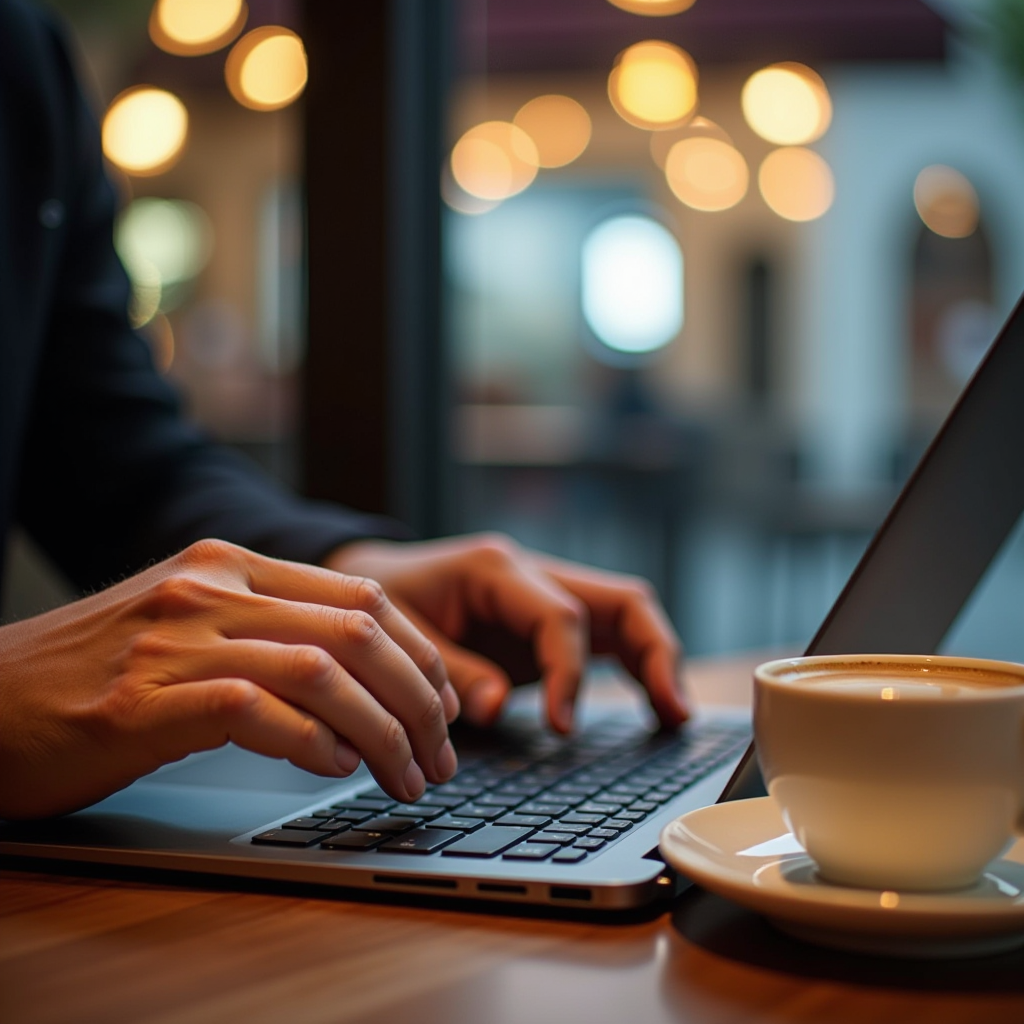 Close-up view of hands thoroughly testing a laptop keyboard and trackpad functionality in a well-lit Dubai cafe, with a coffee cup visible on the table, demonstrating safe public meeting location for electronics testing