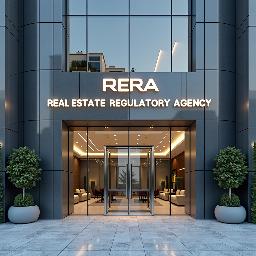 Modern entrance of the Real Estate Regulatory Agency (RERA) office building in Dubai with glass facade and official signage, representing the regulatory authority for rental properties