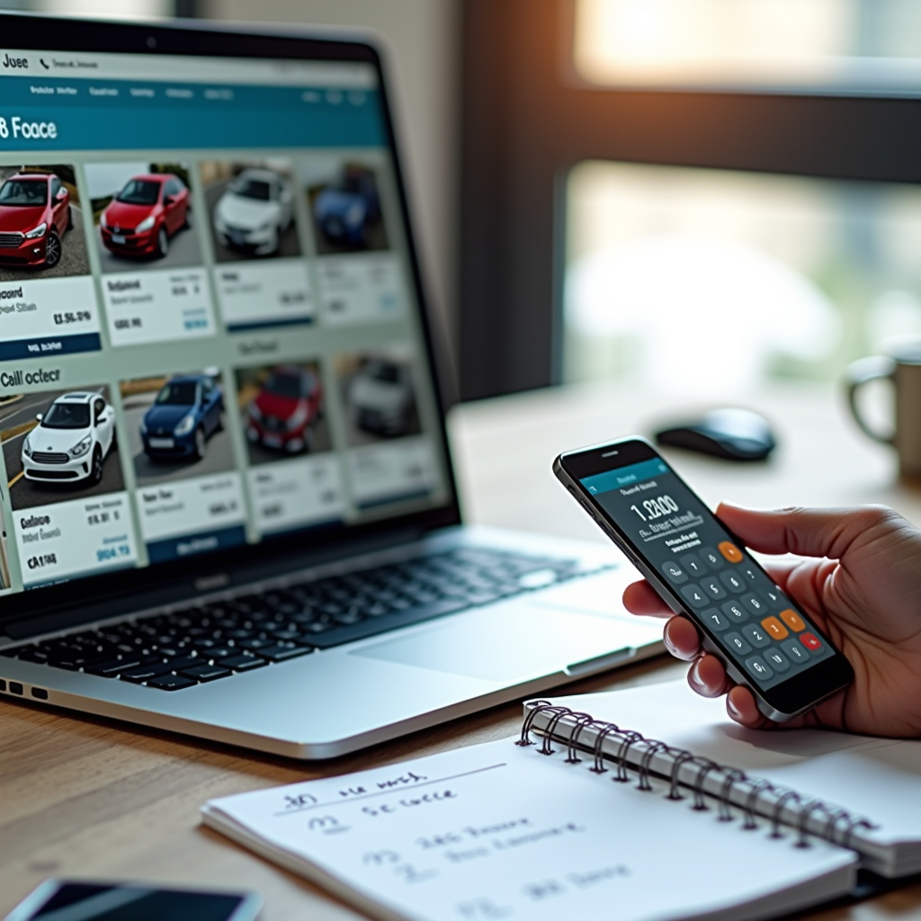 Split screen image showing laptop displaying multiple car listing websites with price comparisons on left side, and smartphone with calculator app showing pricing calculations on right side, both on a clean desk with notepad containing handwritten price notes
