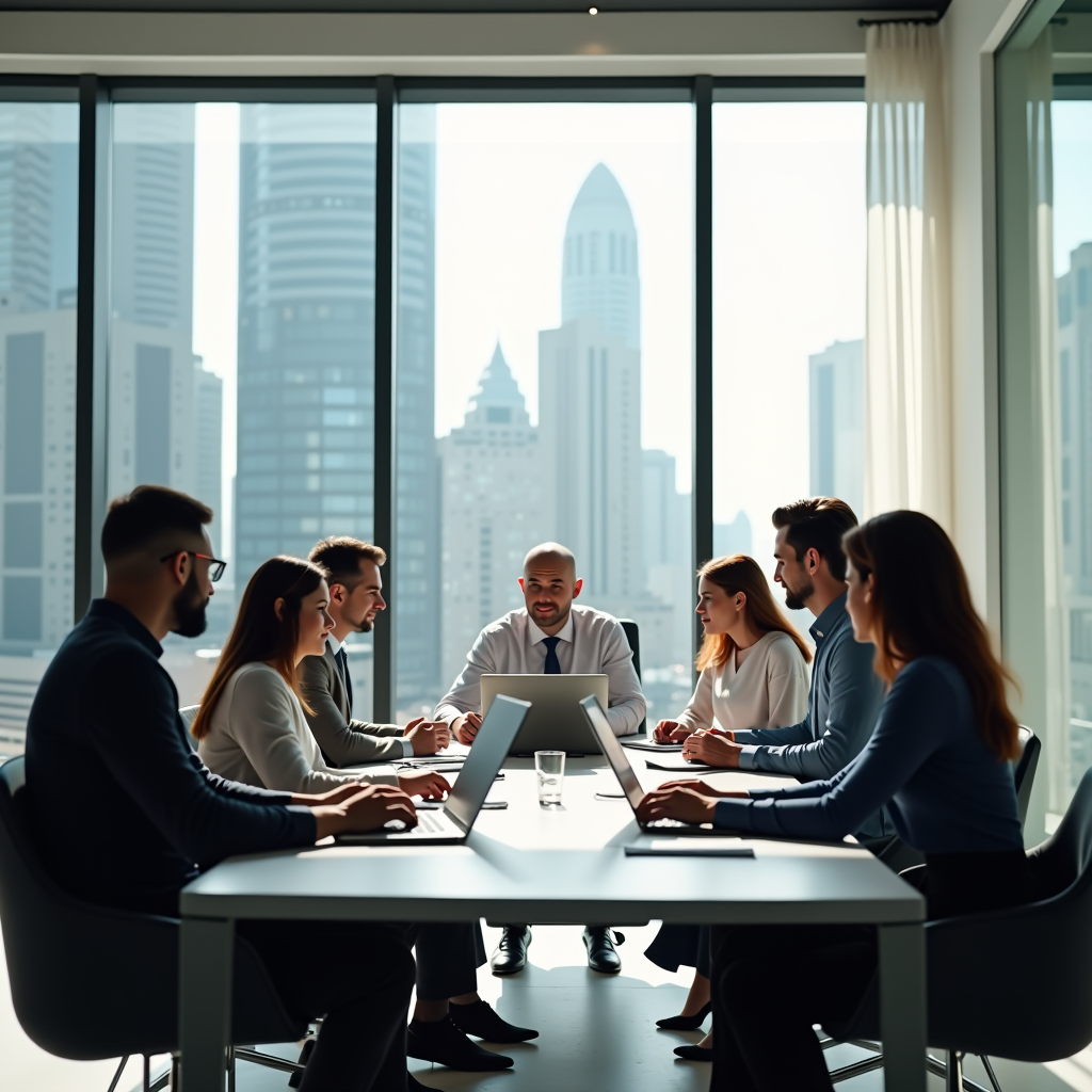 Diverse group of international professionals collaborating in a bright, modern Dubai office space with floor-to-ceiling windows showing city views, people of various ethnicities working together around a conference table with laptops and documents, contemporary furniture and Arabic-inspired design elements