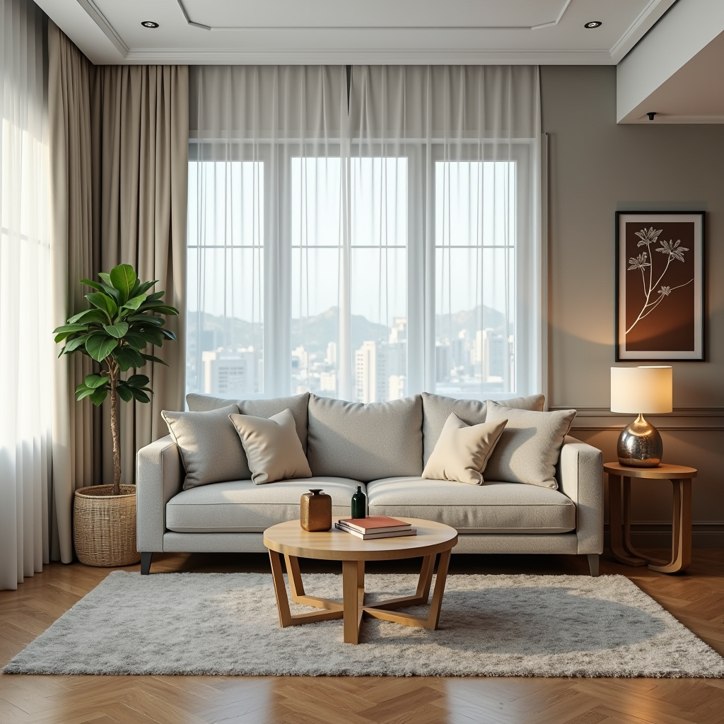 Beautifully furnished Dubai apartment living room with a mix of second-hand furniture including a comfortable sofa, coffee table, and decorative items, showing how pre-owned items can create an elegant and cohesive living space