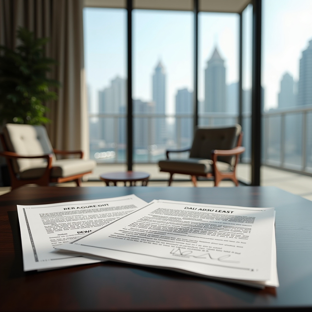 Modern Dubai apartment interior with rental documents, RERA regulations paperwork, DEWA connection forms, and lease agreement on a coffee table with Dubai Marina skyline visible through windows