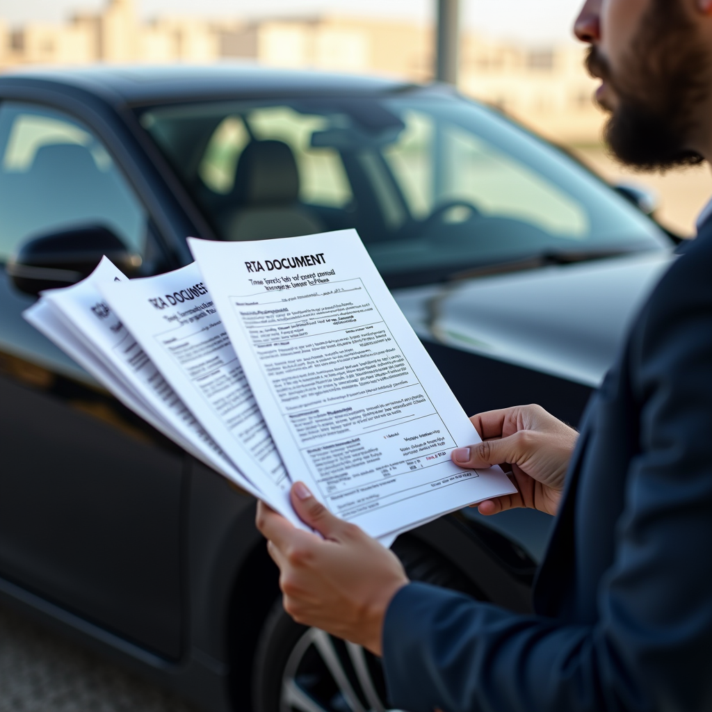 Clean car parked in Dubai with owner holding RTA documents, vehicle registration papers, and transfer forms, preparing for a private sale transaction