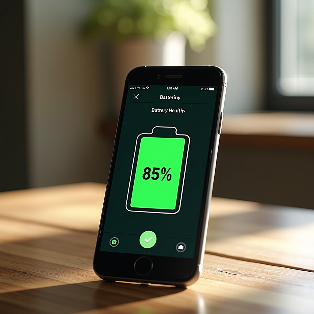 Smartphone screen displaying battery health information showing 85% maximum capacity, placed on a wooden table in natural lighting, demonstrating proper battery verification process for second-hand device purchase