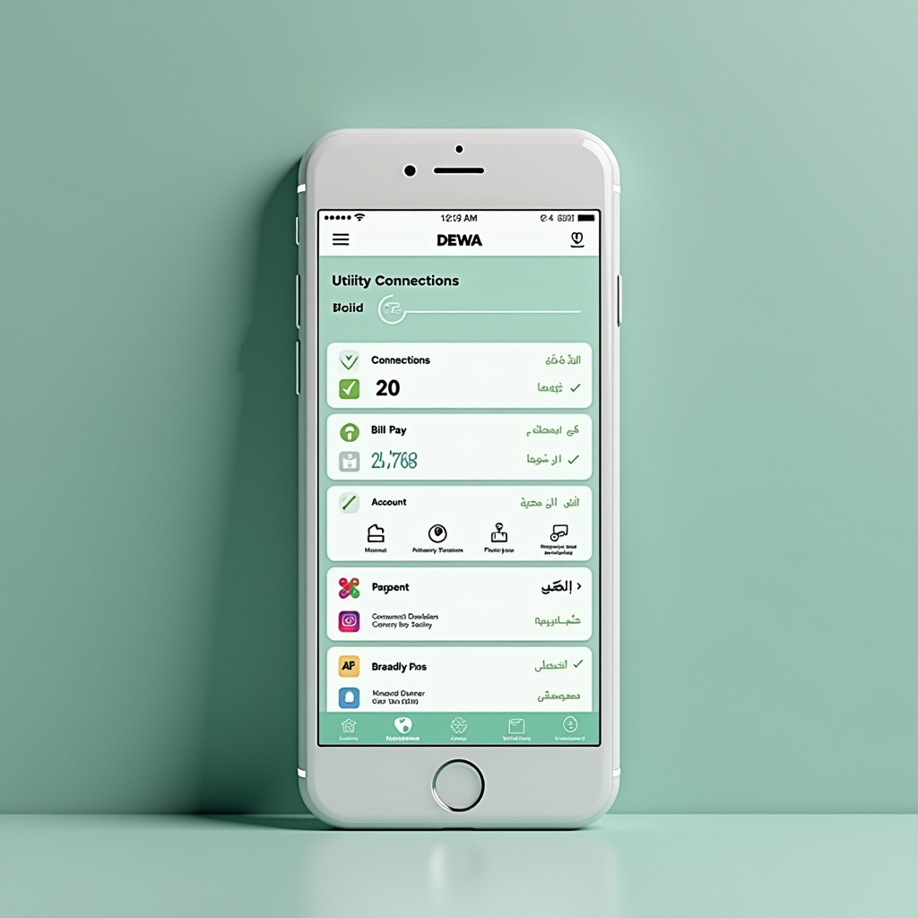 Screenshot of DEWA's mobile application interface showing utility connection options, bill payment features, and account management dashboard on a smartphone screen