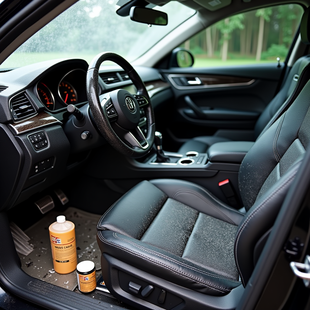 Before and after comparison of car interior detailing showing dirty dashboard and seats on left transforming to spotlessly clean leather interior on right, with detailing supplies and microfiber cloths visible in foreground