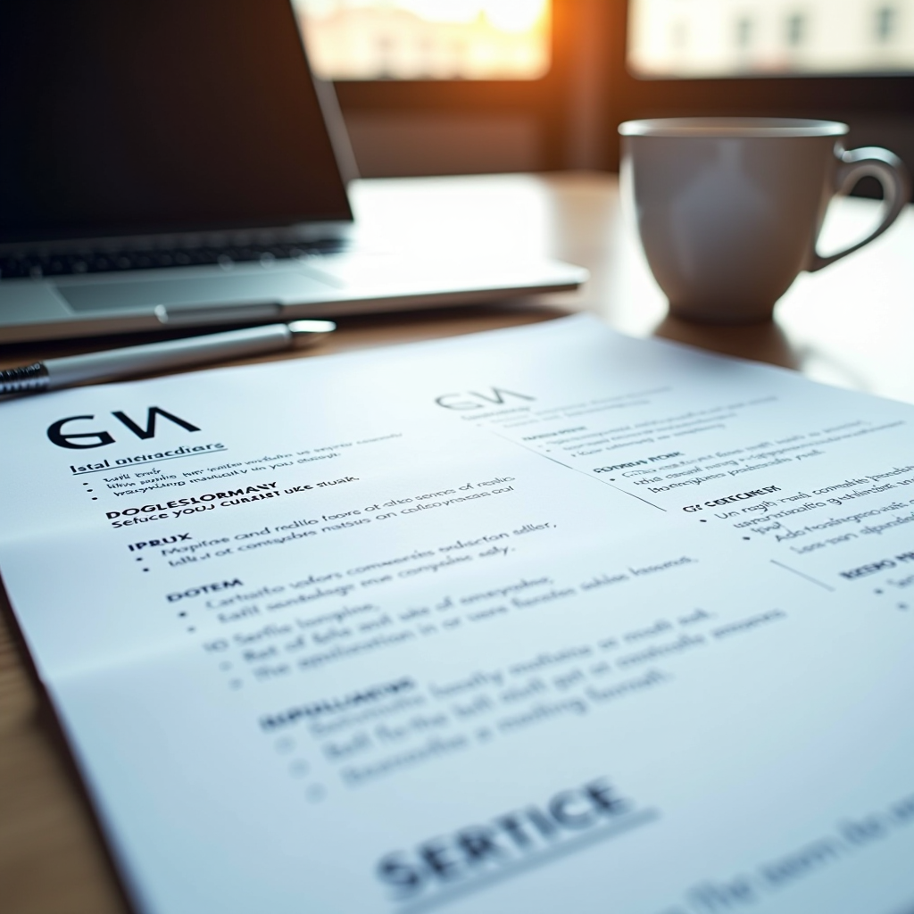 Close-up of a professionally formatted CV document on a modern desk with a laptop, coffee cup, and pen, showing clean layout with clear sections, professional formatting, and attention to detail, natural lighting from window creating warm atmosphere