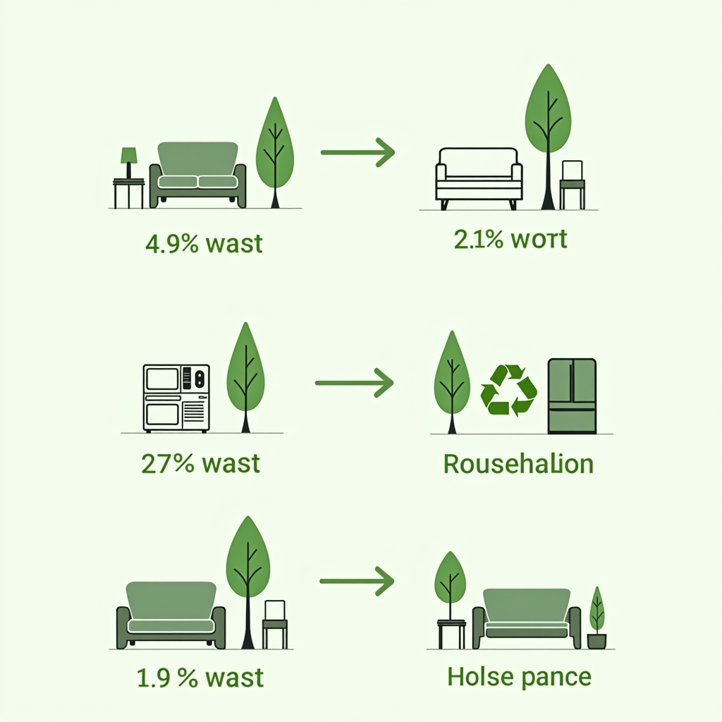 Infographic showing environmental impact statistics with icons representing furniture, appliances, and household items, alongside trees and recycling symbols, illustrating waste reduction and carbon footprint savings from second-hand marketplace in Dubai