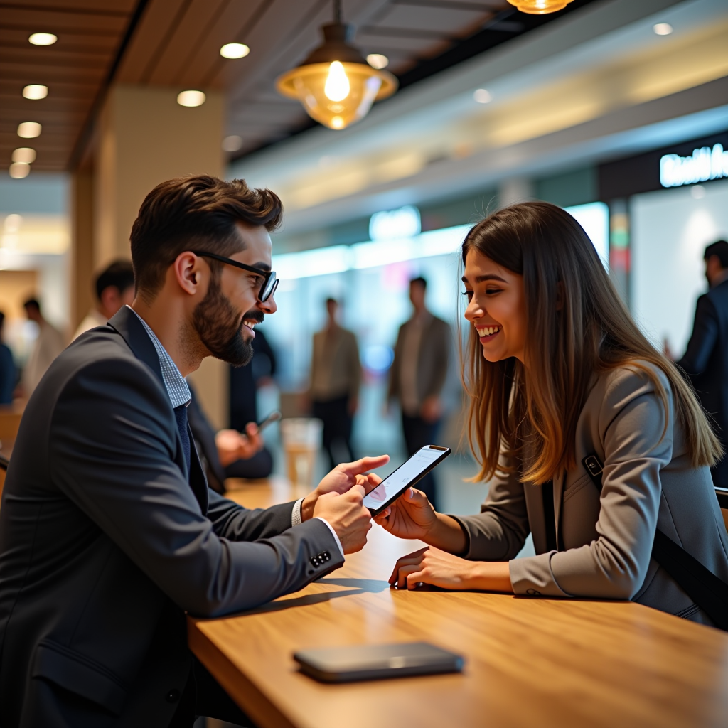 Two people conducting a safe electronics transaction in Dubai Mall food court, with mall security personnel visible in the background, bright lighting, and other shoppers nearby, demonstrating secure public meeting location
