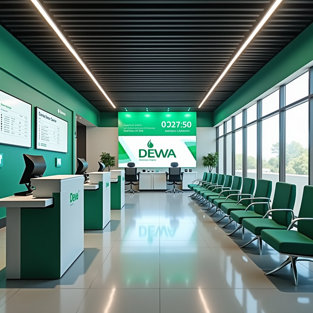 Interior of a modern DEWA customer service center with service counters, waiting area, and digital displays showing queue numbers and service information