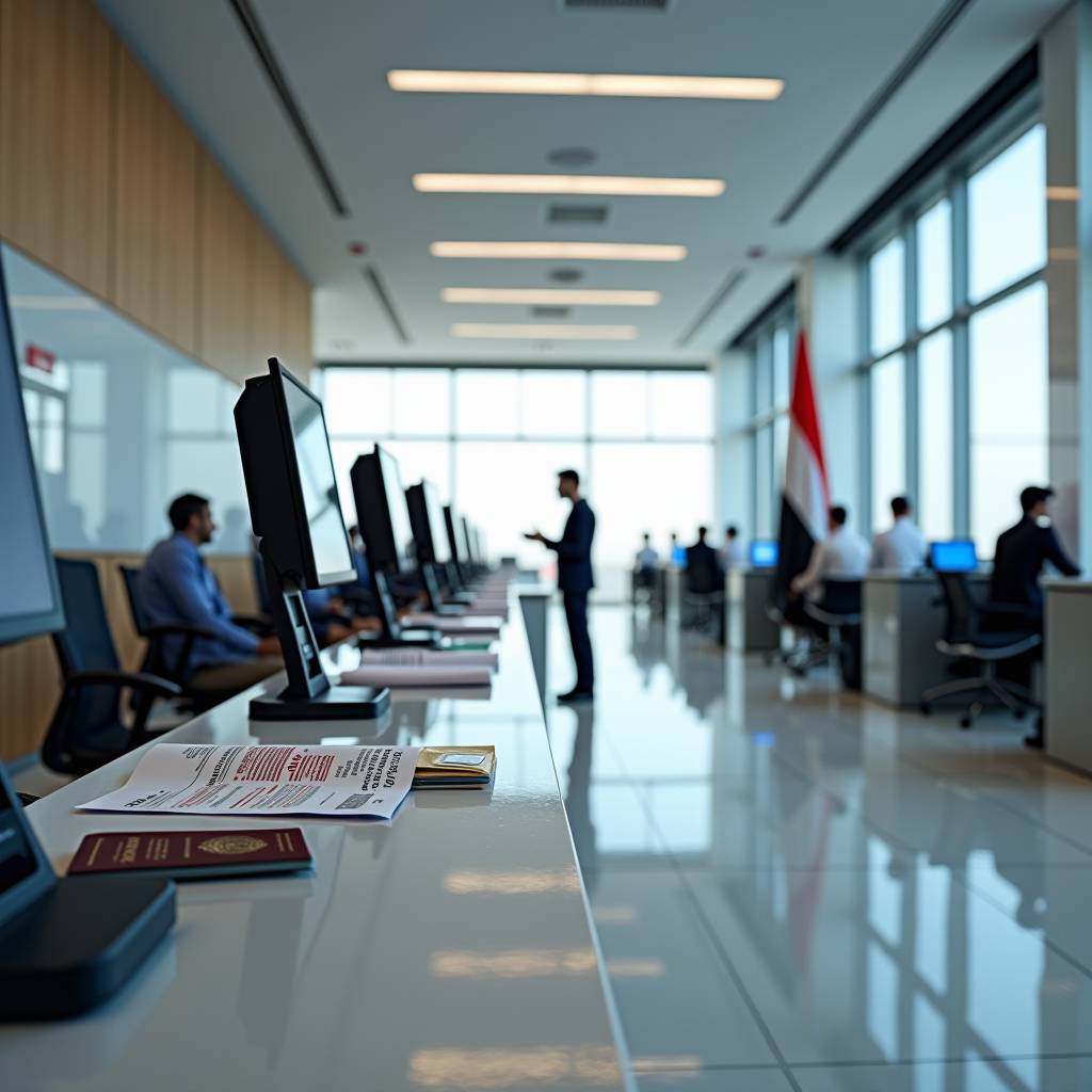 Modern UAE immigration office interior with service counters, digital displays showing visa information, official documents and passports on desk, professional immigration officers assisting clients, clean and organized government facility with UAE flag visible