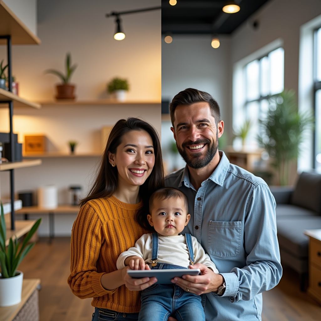 Split-screen comparison showing new furniture store with high price tags on one side and second-hand marketplace with affordable prices on the other, with a happy family in the middle holding a calculator showing their savings