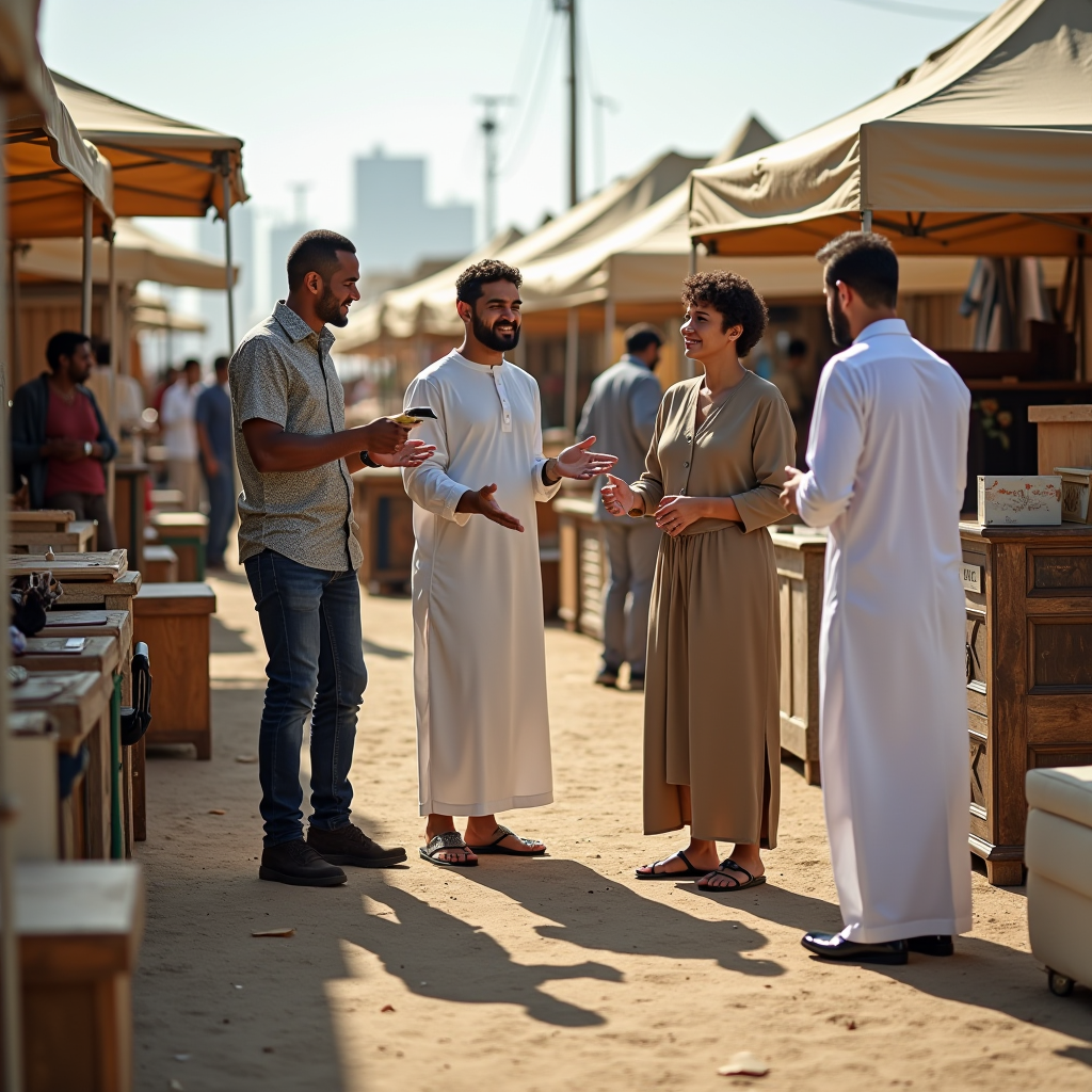 Dubai residents exchanging second-hand furniture and household items at a community marketplace, showing sustainable consumption practices and environmental consciousness
