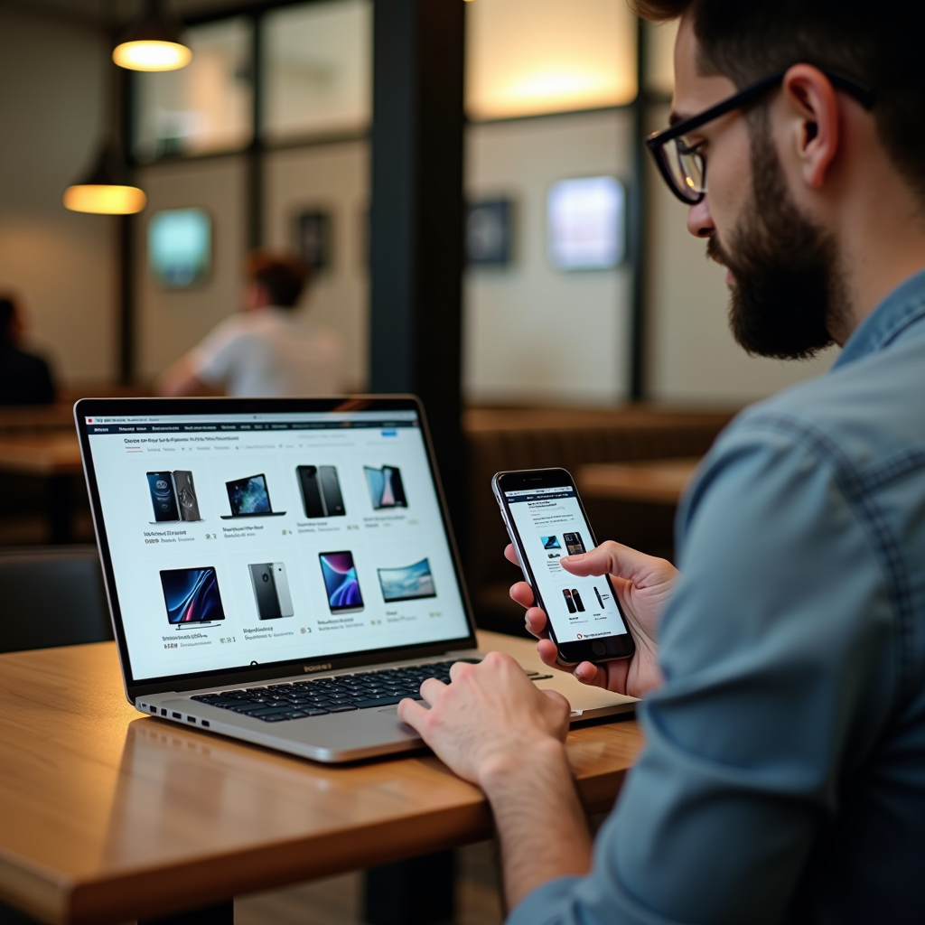 Person sitting in a modern Dubai cafe using smartphone to compare prices on online classifieds website, laptop open on table showing multiple device listings, demonstrating price research before negotiation