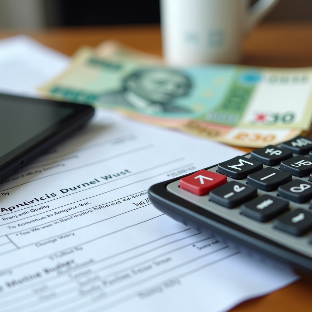 Close-up of a financial calculator, UAE dirham banknotes, and rental contract documents on a desk, representing budget planning for Dubai apartment rental costs