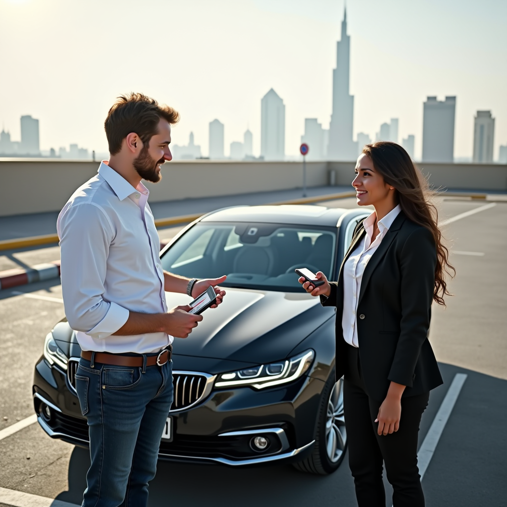 Two people standing beside car in safe public parking area, one person showing Emirates ID to the other, with both appearing professional and prepared for test drive, Dubai landmarks visible in background, daytime setting with clear visibility