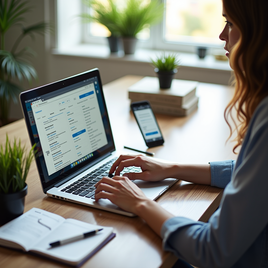 Professional person sitting at modern desk using laptop for online job search, multiple browser tabs open showing job listings, notebook with handwritten notes beside laptop, smartphone displaying job alerts, bright home office setting with plants and natural light