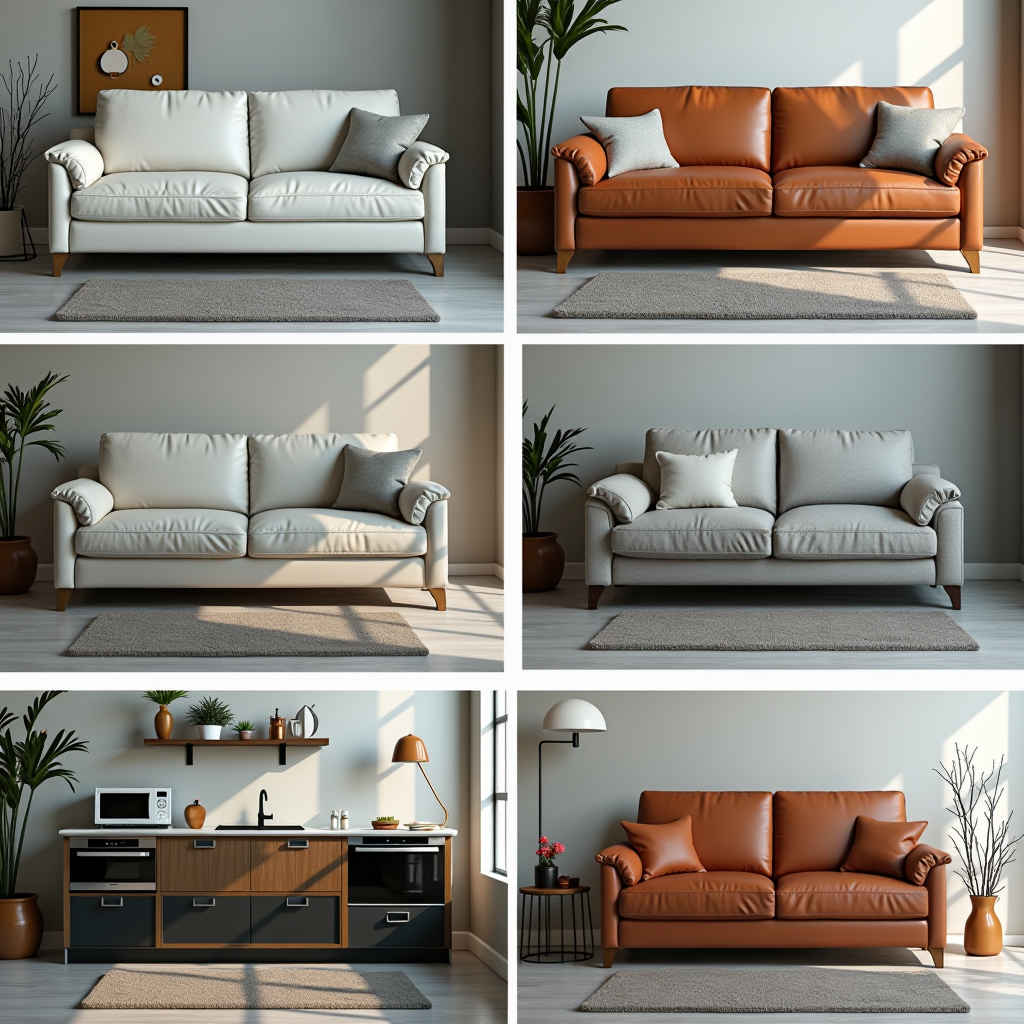 Close-up photos of high-quality second-hand items including a pristine leather sofa, modern kitchen appliances, and designer furniture pieces, demonstrating the excellent condition of items available in Dubai's marketplace