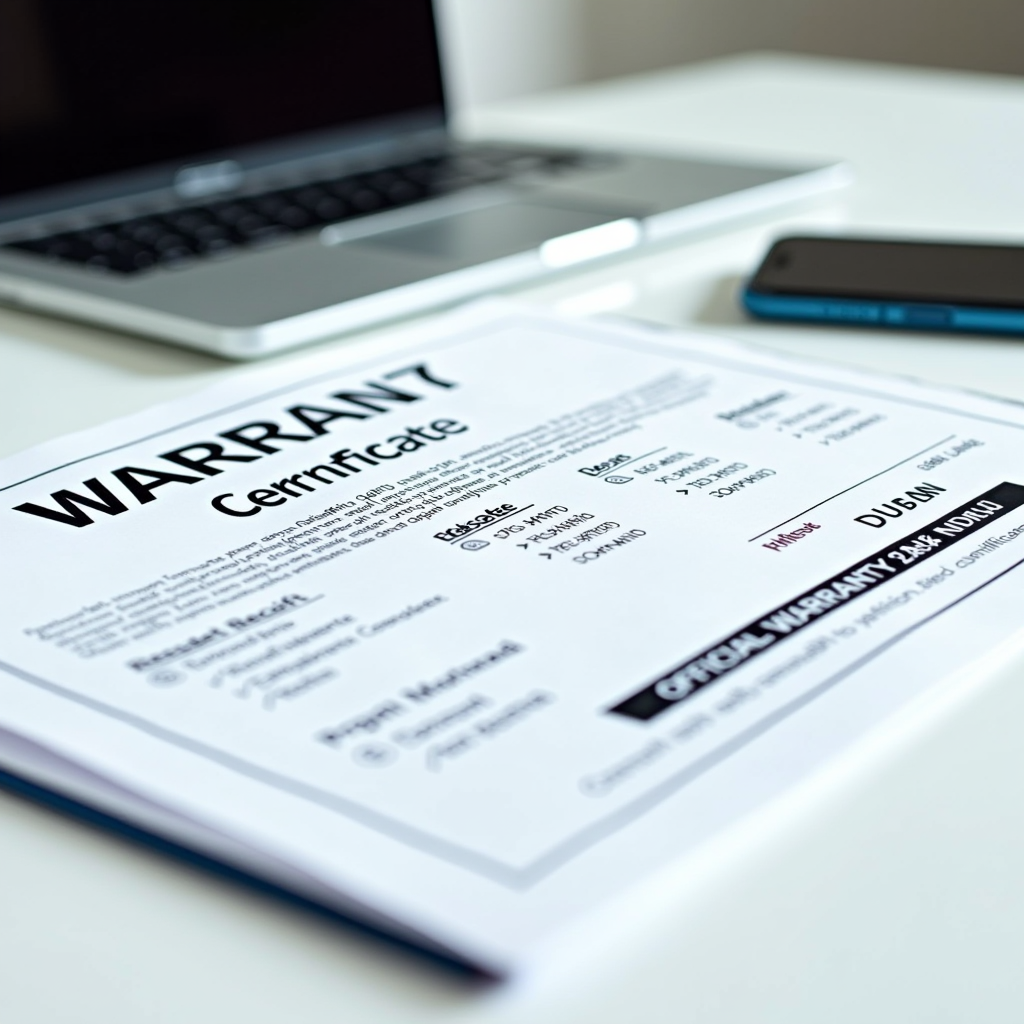 Official warranty certificate and purchase receipt documents laid out on a clean desk next to a laptop and smartphone, demonstrating proper documentation for second-hand electronics purchase verification in Dubai