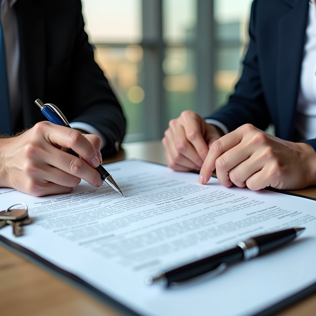 Professional scene of a tenant and landlord reviewing and signing a rental contract at a desk, with documents, pens, and keys visible, representing the lease agreement process