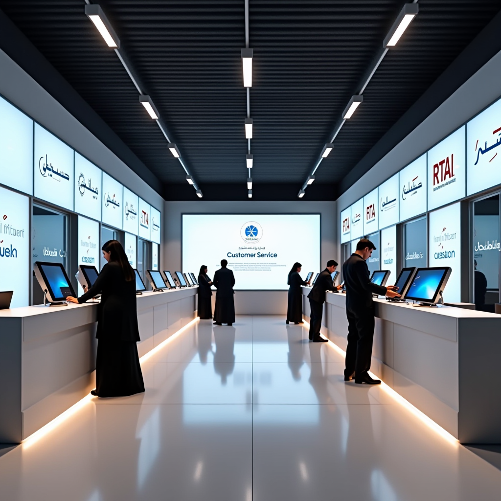 Modern RTA customer service center interior in Dubai showing service counters with digital displays, customers being assisted by staff, clear signage in Arabic and English, professional government office environment with organized queue system