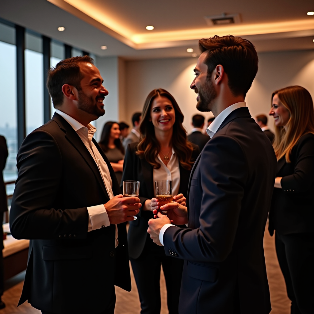 Professional networking event in elegant Dubai venue, diverse group of business professionals exchanging business cards and conversing, modern interior with city skyline visible through windows, people in business attire mingling with drinks, warm ambient lighting creating welcoming atmosphere
