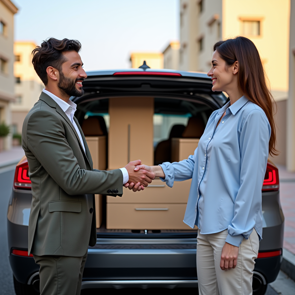 Two people shaking hands in front of a car loaded with furniture, representing a successful second-hand marketplace transaction in Dubai, with both parties smiling and appearing satisfied with the exchange