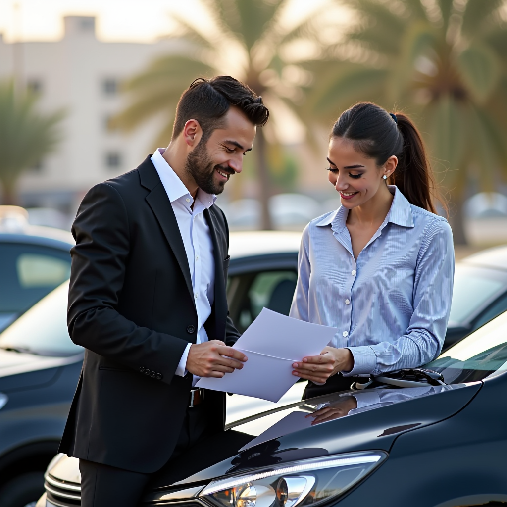 Professional meeting between car seller and potential buyer in outdoor setting, both reviewing documents together on car hood, showing service records and vehicle history, friendly but business-like interaction, Dubai urban background
