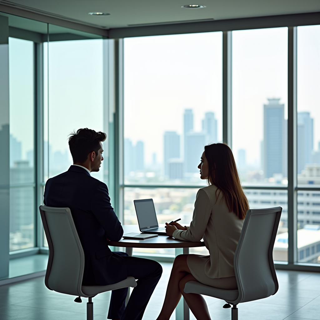 Professional job interview taking place in modern Dubai office, candidate and interviewer sitting across desk in bright conference room, both in business attire, laptop and documents on table, city skyline visible through large windows, professional and welcoming atmosphere