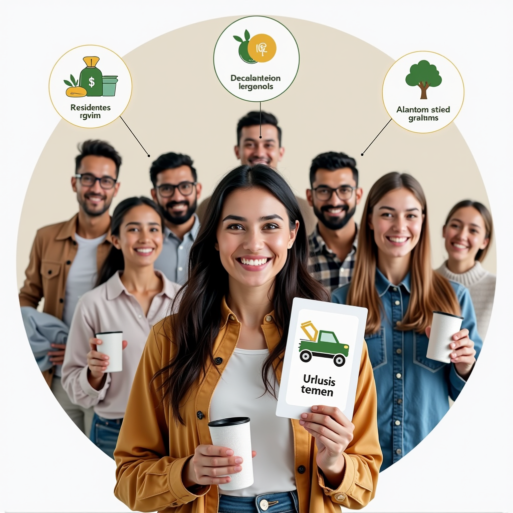 Collage of happy Dubai residents from diverse backgrounds holding items they've bought or sold through classifieds, with icons representing money savings, environmental benefits, and community connections overlaid on the image