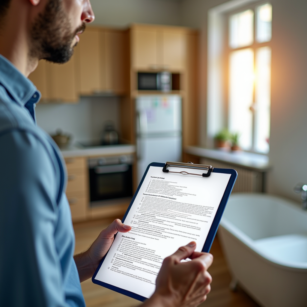 Person conducting apartment viewing with clipboard checklist, examining kitchen appliances, bathroom fixtures, and taking notes during property inspection