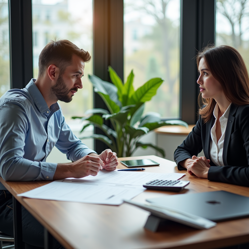 Professional salary negotiation meeting in modern office, two people sitting across desk reviewing documents and contract papers, calculator and laptop visible, professional business setting with natural lighting, both parties engaged in serious discussion