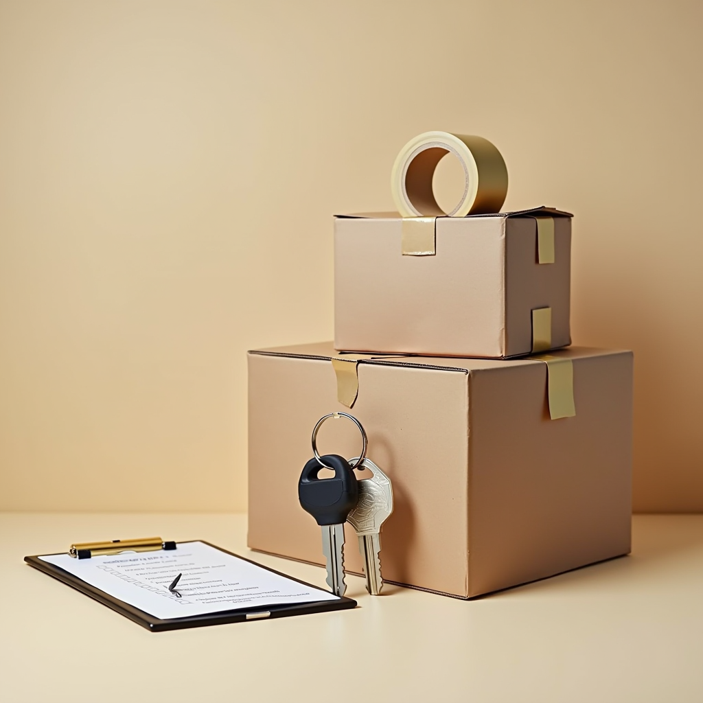 Stack of cardboard moving boxes with packing tape, apartment keys on a keyring, and a moving checklist on clipboard, representing successful apartment rental and move-in preparation
